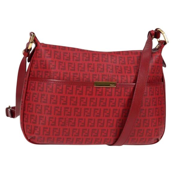 FENDI Zucchino Canvas Shoulder Bag Pvc Red Gold - Picture 1 of 13